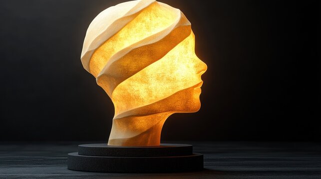 Abstract glowing head sculpture, warm light