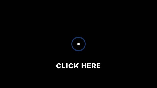 Dynamic interactive cursor animation with glowing blue dot and 'CLICK HERE' text on black background, symbolizing user engagement, action, and digital interaction, for website design and UI elements