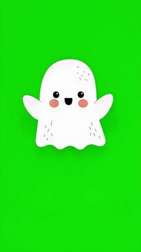 Cute friendly ghost floating over green screen with playful spooky animation, vertical video perfect for Halloween chroma key overlays and social media editing