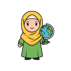 Fototapeta premium Cute Muslim girl in hijab holding a globe illustration.