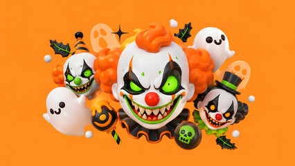 Naklejka premium Creepy Halloween Clown Characters with Glowing Green Eyes, Cute Ghosts and Spooky Candy on Orange Background
