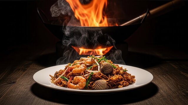 Char Kway Teow Noodles with Seafood Wok Fried in Flames