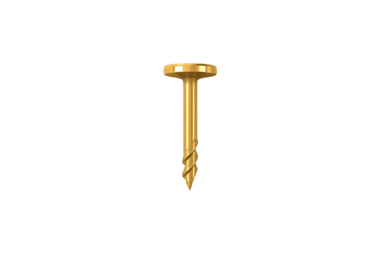 Golden metal nail with spiral tip and flat head, a shiny fastener or hardware component on transparent background