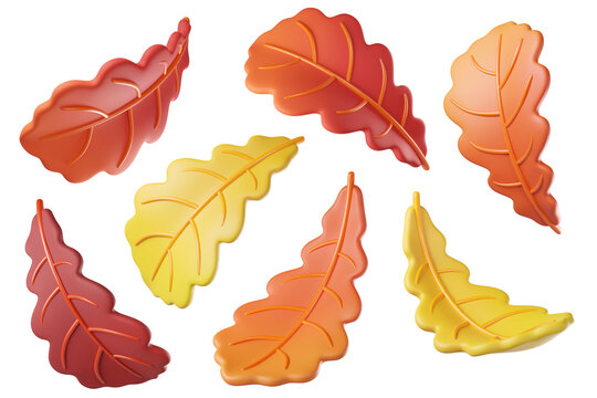 Set of 3D fall autumn oak leaves in orange, red and yellow colors isolated on background. Foliage elements for seasonal design, autumn decoration, harvest graphics, Halloween, Thanksgiving banners. 3d