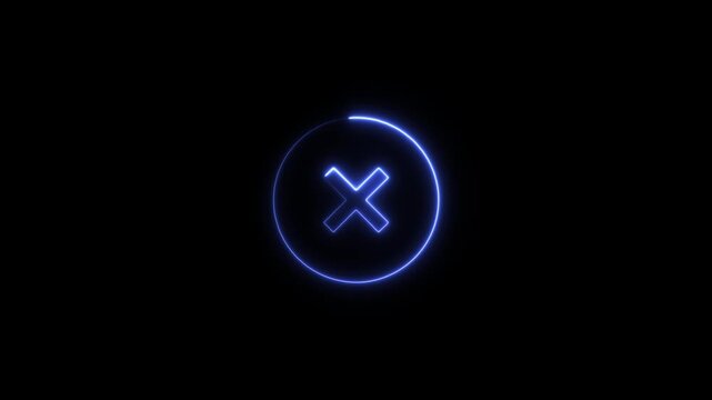 Glowing blue close button icon on black background. Digital cancel symbol for UI design and error messages.