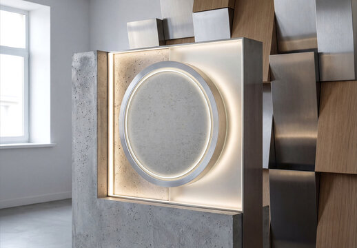 Circular business sign glowing on creative office wall for a logo Mockup. Generative ai