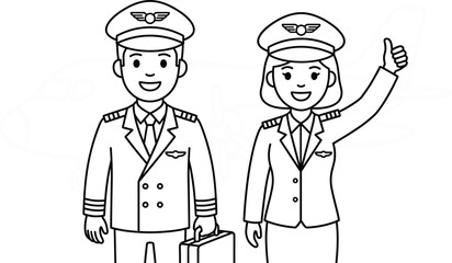 Airplane Pilot and Flight Attendant Crew Line Art Coloring Page for Kids Education and Activity Vector Illustration © MdAungur