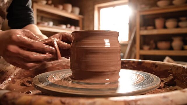 Close up of artisan hands shaping wet clay on a spinning pottery wheel in a sunlit workshop