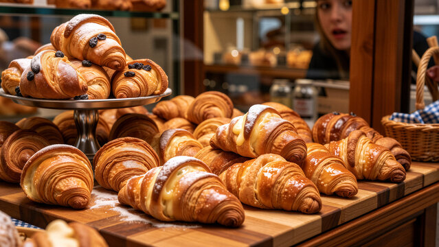 Freshly baked croissants displayed in a bakery