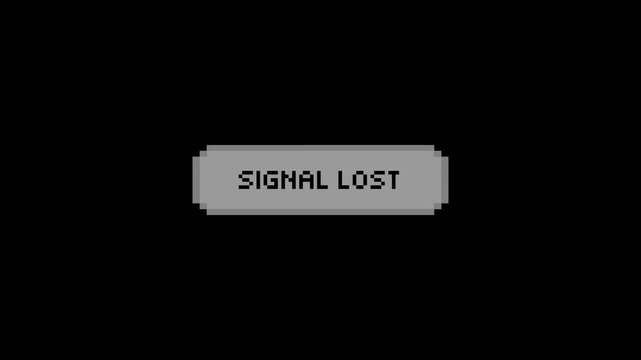 Retro pixel art signal lost message on black background for gaming aesthetics, technical error glitch interface screen, vintage video game UI display