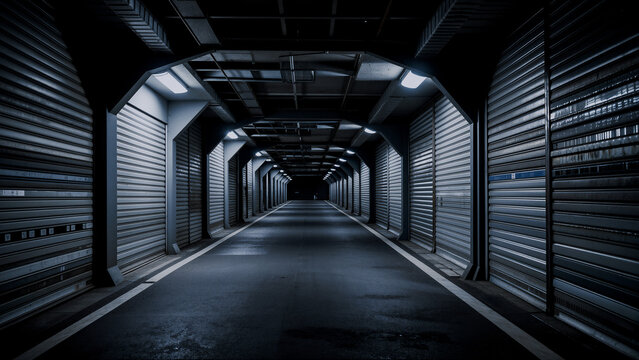 Dark industrial tunnel with roller doors