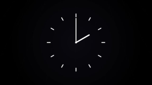 Simple watch. Minimalist white glowing analog clock face on black background
