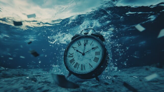 A clock sits in dark water with its numbers melting and floating away. Time seems to stand still, reflecting moments lost to insomnia and dreams