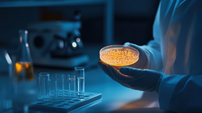 A scientist's hand grips a glowing petri dish in a dark laboratory. The environment features lab equipment in the background. The scene shows focus and concentration on the task