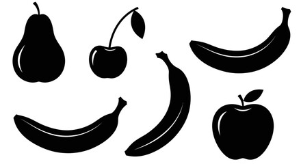 Black silhouettes of various fruits on white background with silhouettes pears bananas cherries apples arranged arranged plain illustration with nutrition © Prema