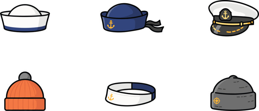Nautical sailor hats vector icon set featuring white sailor cap navy pilot headwear captain peak hat winter beanies and headband