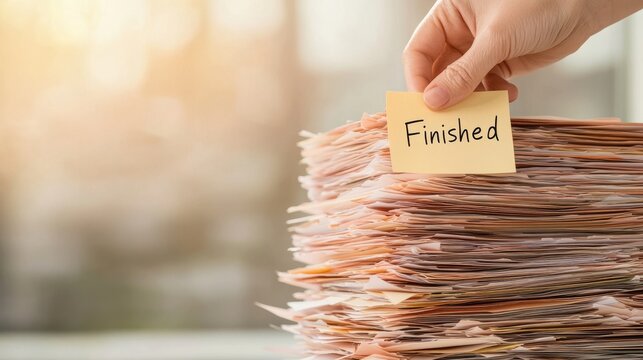 A hand is seen putting a Finished post-it note on a large pile of folders. This moment occurs during a late night work session in an office