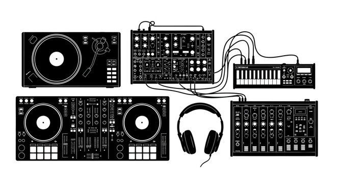 Dj equipment setup with turntables mixer keyboard with arranged plain white background collection equipment