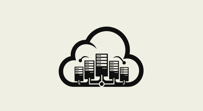 Cloud computing servers illustration with black cloud icon servers connected inside technology connection background internet network storage