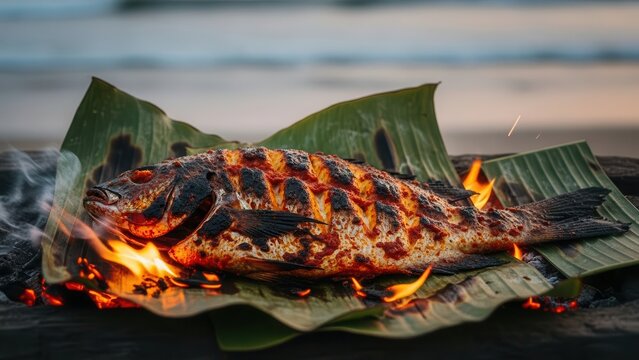 Delicious grilled fish cooking over open flames on banana leaves