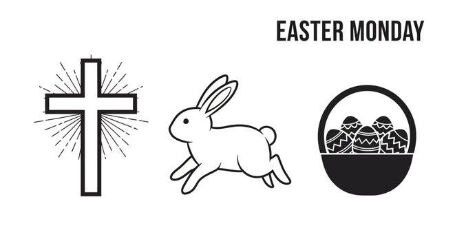Easter monday icons with cross bunny with bunny easter eggs basket easter monday text black line drawings cross line art christianity celebration