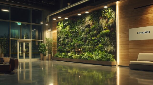 A living wall serves as a focal point in a corporate lobby. Soft spotlights highlight the plants in the vertical garden. This scene takes place during the night