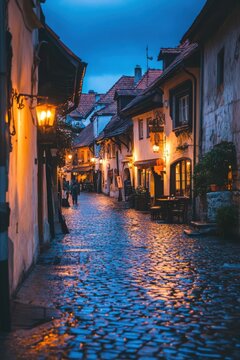 In a European city, a narrow cobblestone alleyway is lit by warm yellow lanterns. The pavement is wet, and cozy restaurant entrances invite visitors