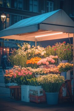 A flower stall is open at night under a bright canopy. Colorful roses and lilies are displayed, attracting customers in the dark urban background