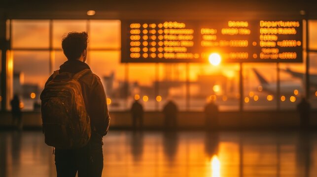 A passenger stands at an airport terminal looking at a large flight board showing departures to various cities. It is nighttime with warm golden light filling the area