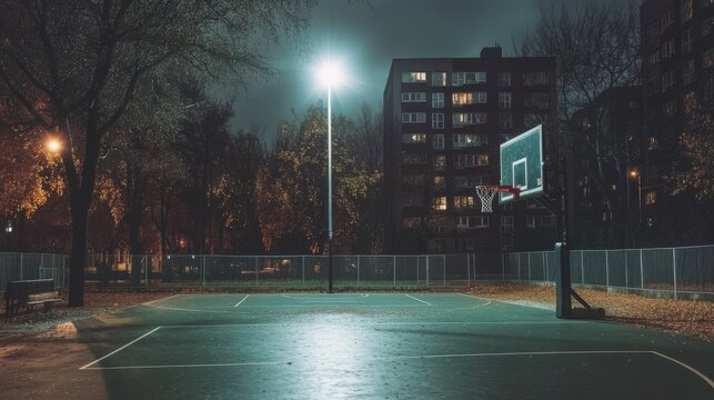 Basketball court in a city park shines brightly under overhead lights at midnight. The court is empty with dark tall buildings nearby