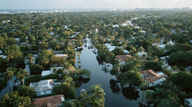 This aerial view shows a suburban neighborhood affected by flooding. The scene reveals rooftops, palm trees, and cars partly underwater. Dark clouds linger overhead after heavy rain
