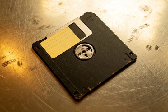Vintage floppy disk on scratched metal surface