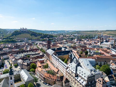 Aerial View of W&uuml;rzburg with the Castle in Lower Franconia, Bavaria, Germany 4k	