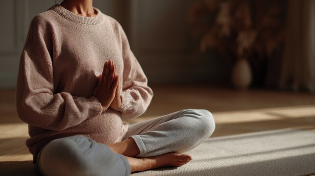 A pregnant woman sits on a yoga mat at home, practicing meditation with hands in prayer position. She breathes gently in a cozy space filled with warm light