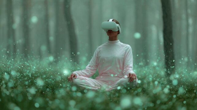 A young athletic woman sits in a glowing forest while wearing a VR headset. Digital particles float around her as she meditates in this unique environment