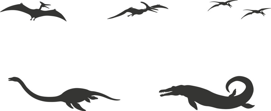 Prehistoric marine reptiles and flying pterodactyl dinosaurs black silhouette vector set featuring plesiosaur mosasaur and pteranodon flock