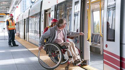 Obraz premium Traveler boarding a train with a level platform