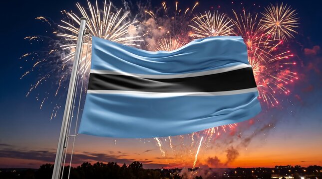 Botswana national flag waving on flagpole with fireworks display in evening sunset sky