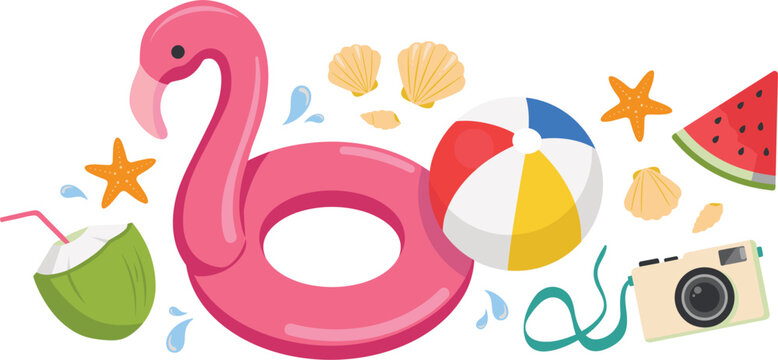Summer beach vacation concepts vector layout featuring pink flamingo pool float beach ball camera coconut drink watermelon slice and seashells