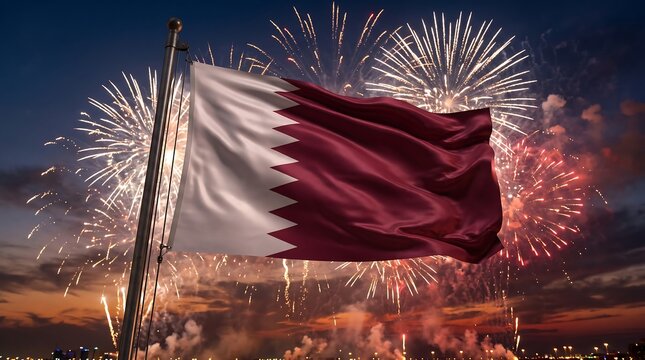 Cinematic Qatar flag waving on flagpole with golden fireworks display in dark night sky background