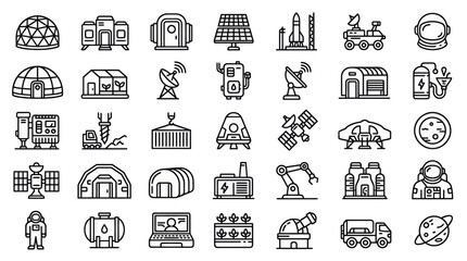 Space exploration and planetary base thin line icons. © muhammad