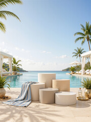 Fototapeta premium Luxury Resort Poolside Product Display Podium with Ocean View