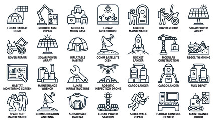 Space exploration and moon station maintenance line icons. © muhammad
