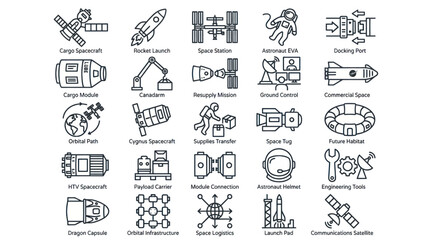 Space station infrastructure and exploration mission line icons. © muhammad