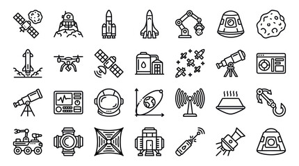 Space technology and rocket mission thin line icons. © muhammad