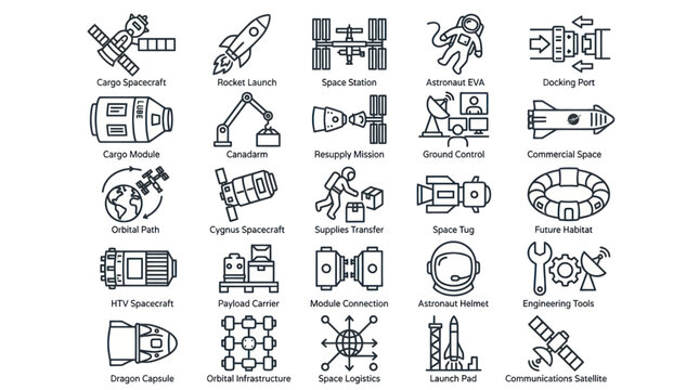 Space station infrastructure and exploration mission line icons.