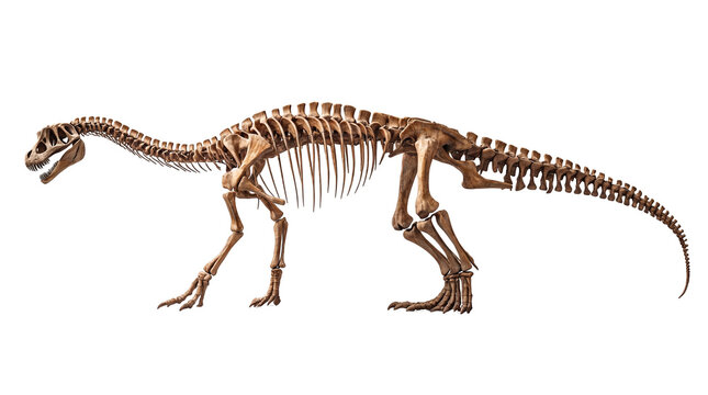 A detailed side view of a complete dinosaur skeleton, showcasing its bone structure and prehistoric form.