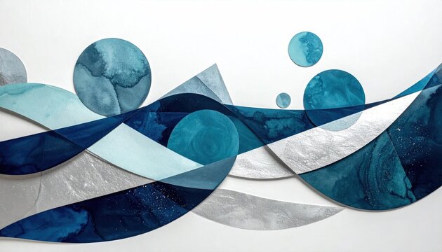 Abstract blue watercolor geometric circles and triangles