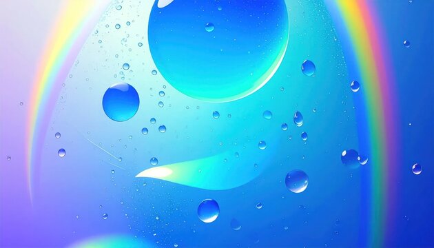 Abstract blue liquid background with rainbow and droplets.