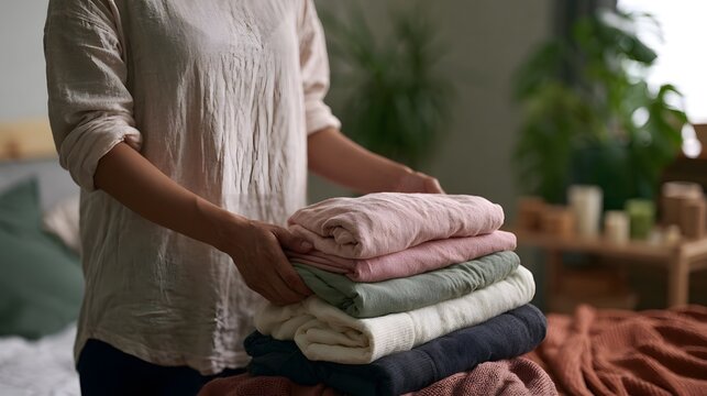 A person arranging a stack of folded pastel colored textiles on a bed in a softly lit room with plants and natural light